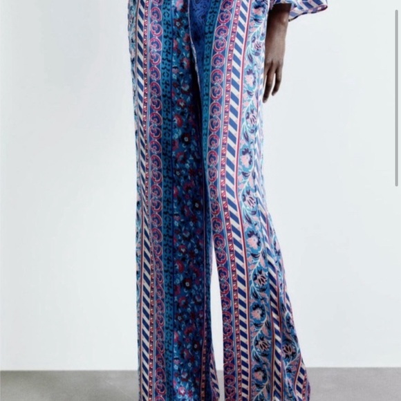 🦋 ZARA BOHO BLUE MULTI TRIBAL SATIN WIDE LEG HIGH WAIST PANTS! - Picture 9 of 16